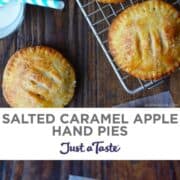 Top image: Salted Caramel Apple Hand Pies on a wire cooling rack.Bottom image: A Salted Caramel Apple Hand Pie on parchment paper.