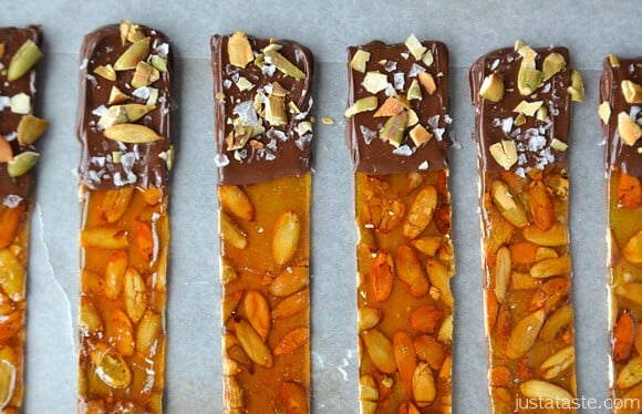 Chocolate-Dipped Pumpkin Seed Brittle with Sea Salt