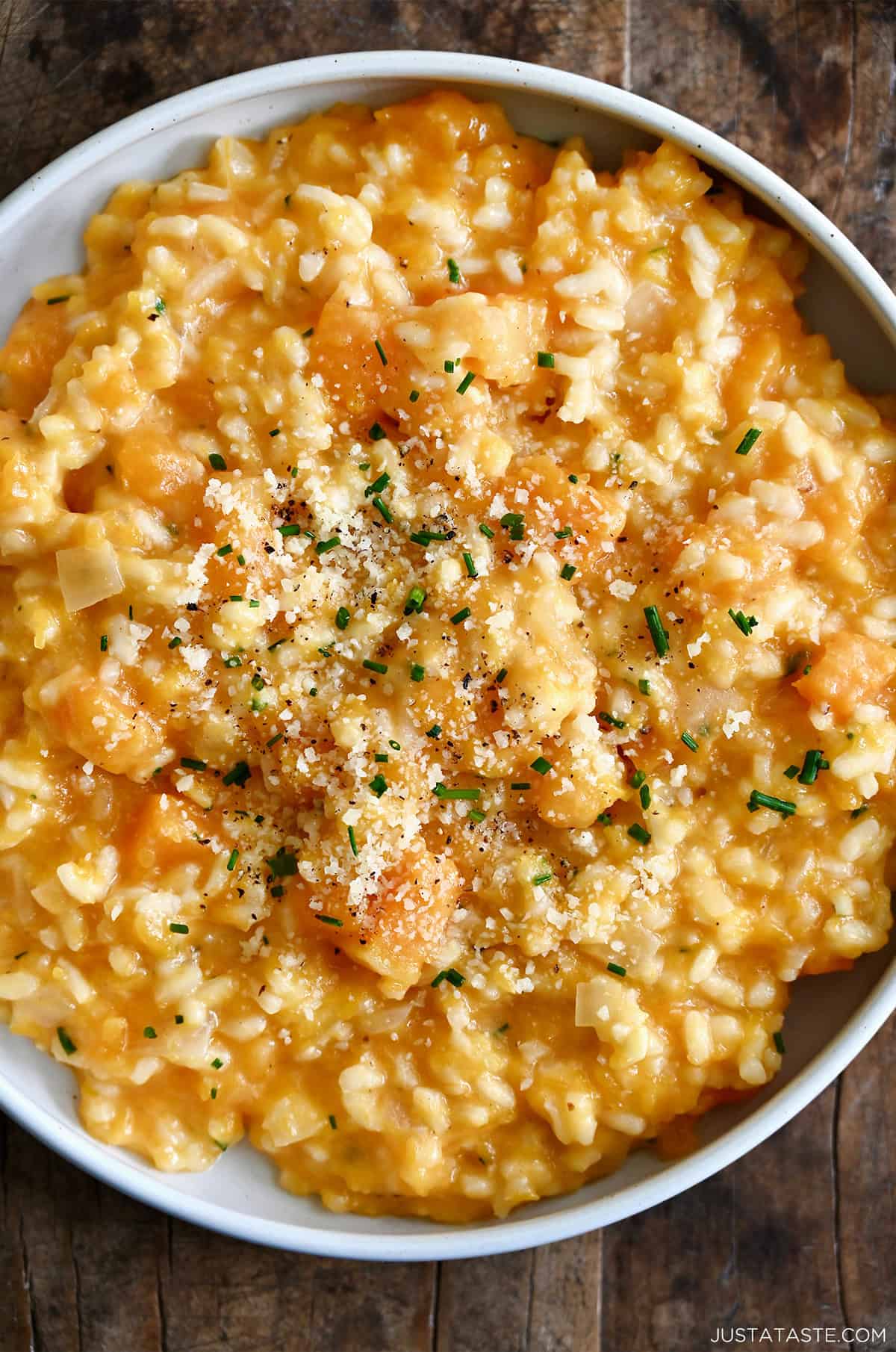 A closeup view of creamy roasted butternut squash risotto.