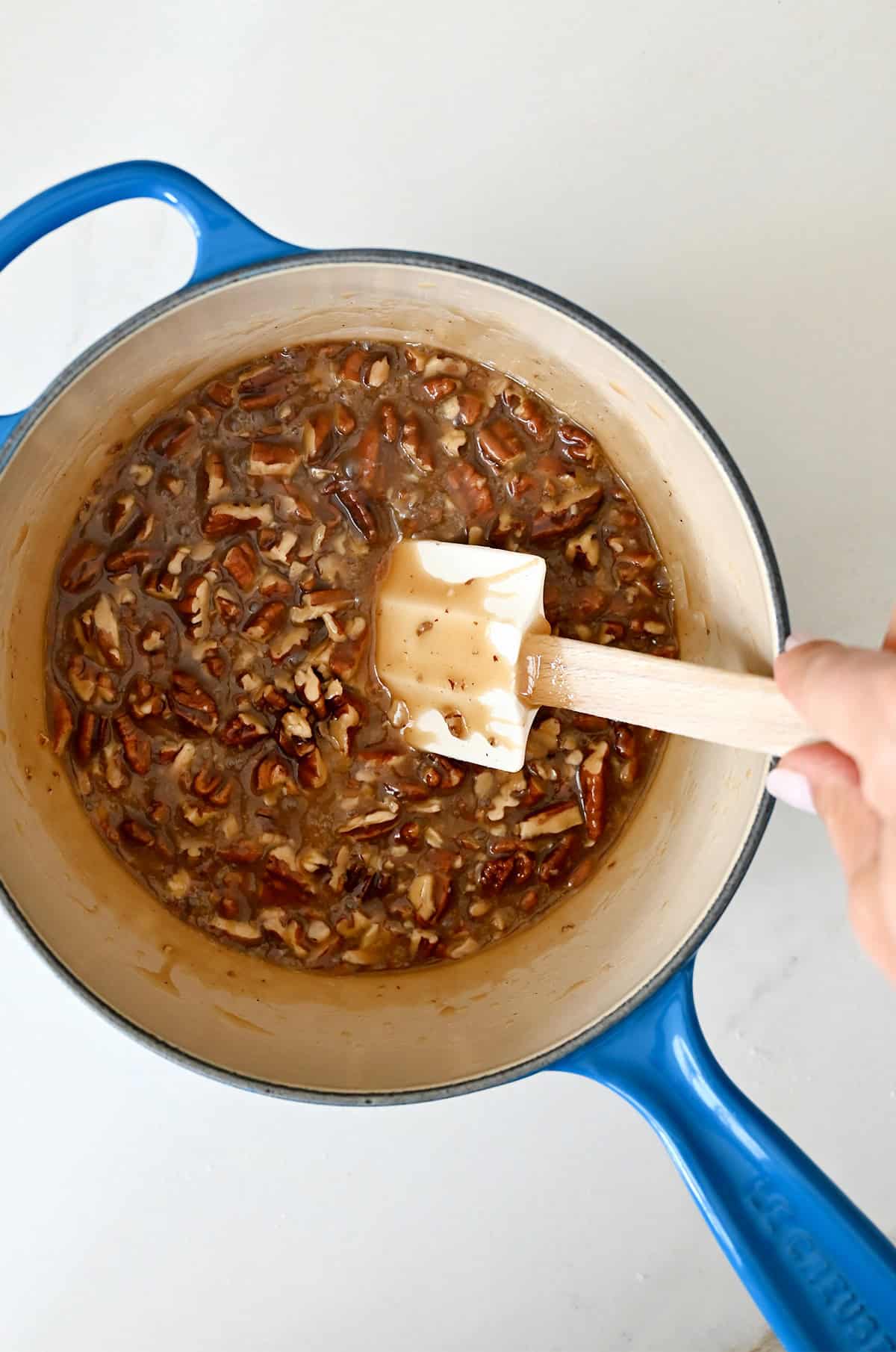 Pecan pie topping mixture in a saucepan.