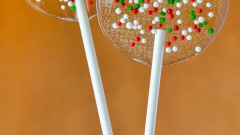 Homemade Holiday Lollipops with white, red and green sprinkles