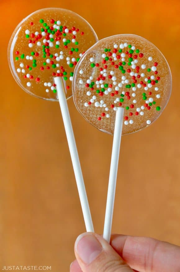 Homemade Holiday Lollipops with white, red and green sprinkles