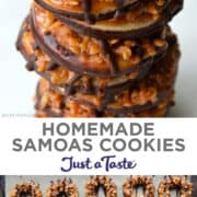 Top image: A tall stack of Homemade Samoas Cookies. Bottom image: A top-down view of Homemade Samoas Cookies atop a parchment paper-lined baking sheet.