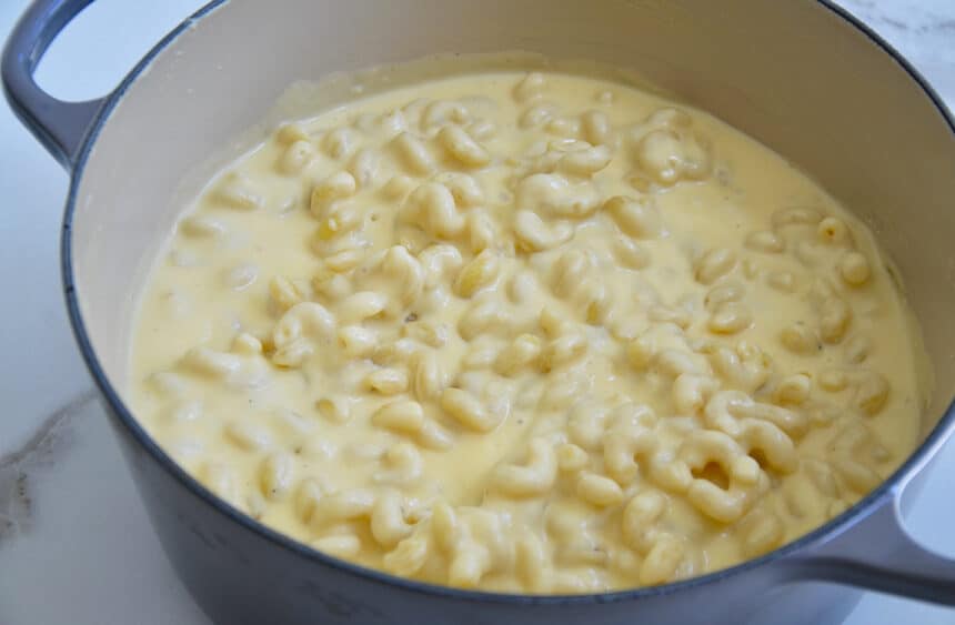 A large pot containing mac and cheese