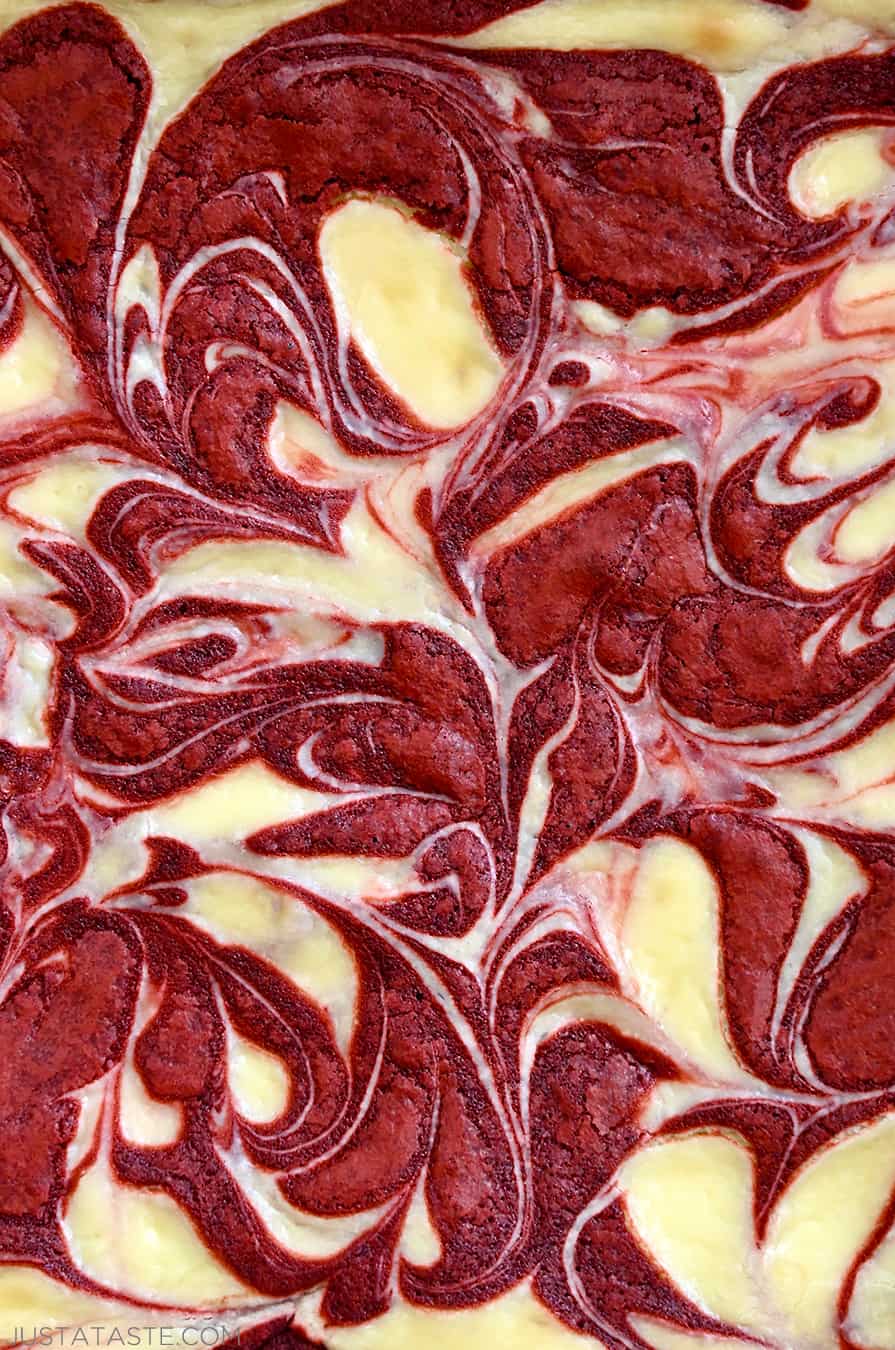 A close-up view of Red Velvet Cheesecake Brownies