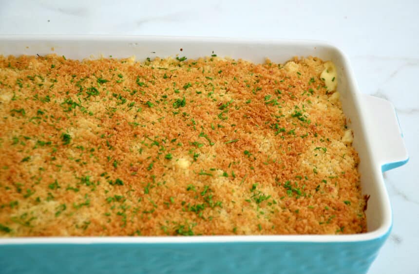 Toasted breadcrumbs in a baking dish