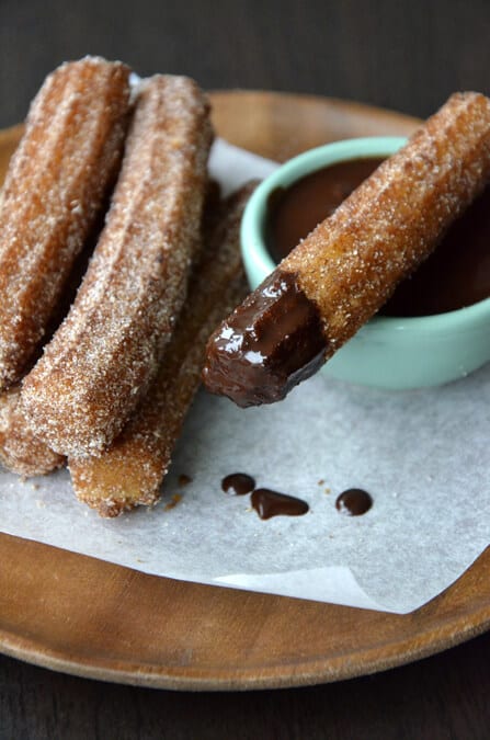 Easy Homemade Churros with Chocolate Sauce from justataste.com #recipe