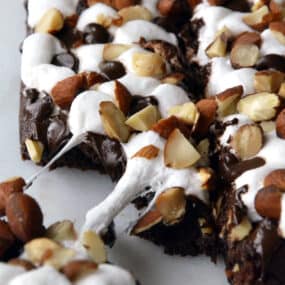 Closeup view of homemade Marshmallow Brownies with Salted Almonds