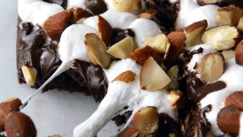 Closeup view of homemade Marshmallow Brownies with Salted Almonds