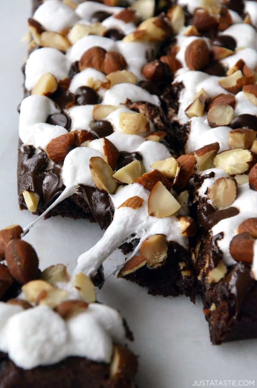 Closeup view of homemade Marshmallow Brownies with Salted Almonds