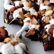 Closeup view of Marshmallow Brownies with Salted Almonds.