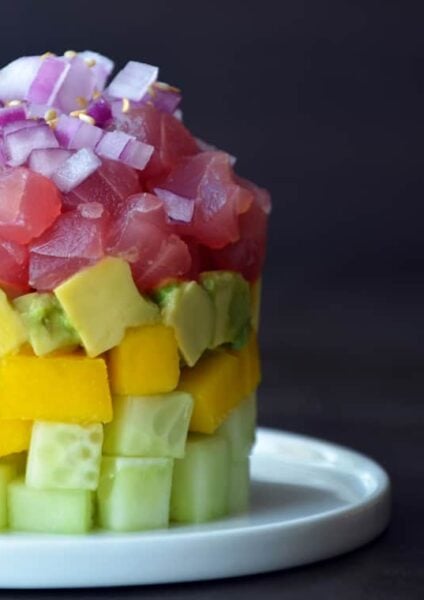 Ahi Tuna Stacks with Ginger-Soy Dressing #recipe