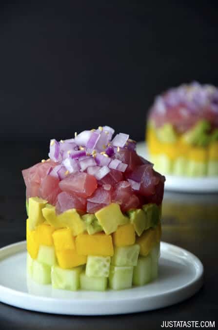 Ahi Tuna Stacks with Ginger-Soy Dressing Recipe on justataste.com