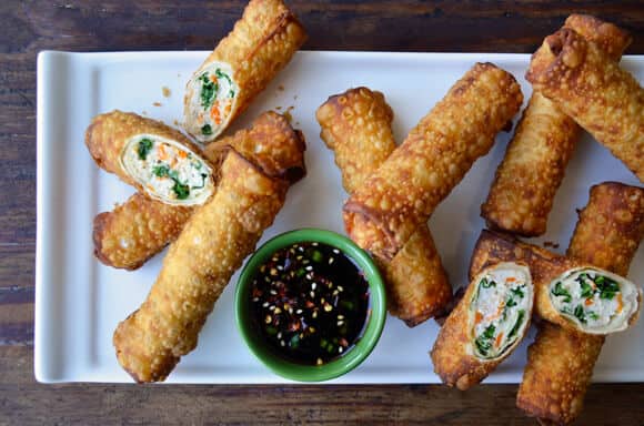 Kale and Chicken Egg Rolls with Ginger Soy Dip from justataste.com