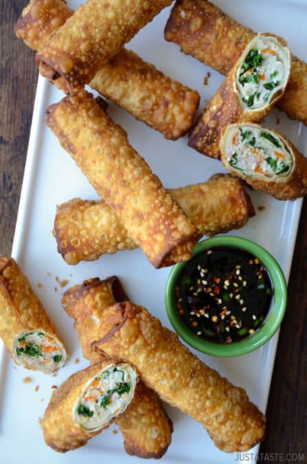 Kale and Chicken Egg Rolls with Ginger Soy Dip from justataste.com