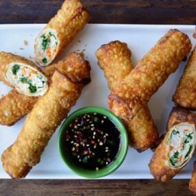 Kale and Chicken Egg Rolls with Ginger Soy Dip