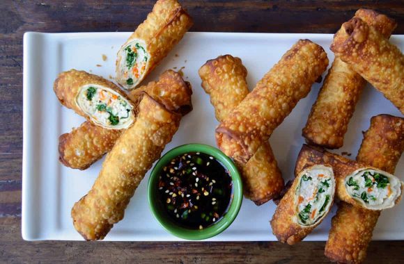 Kale and Chicken Egg Rolls with Ginger Soy Dip