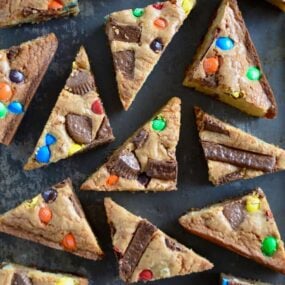 Leftover Halloween Candy Blondies cut into triangles