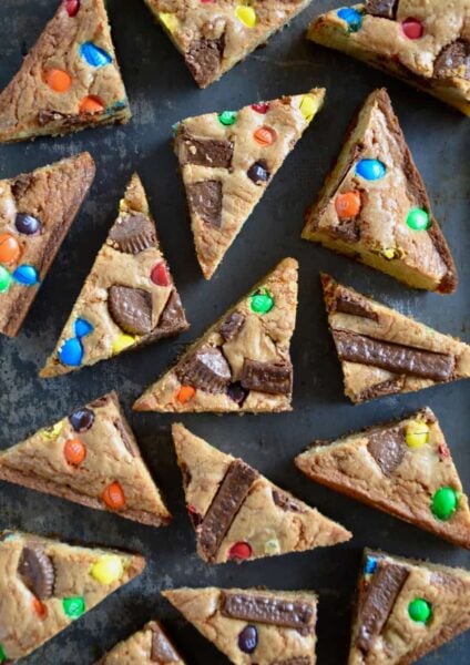 Leftover Halloween Candy Blondies cut into triangles