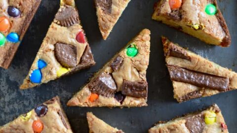 Leftover Halloween Candy Blondies cut into triangles