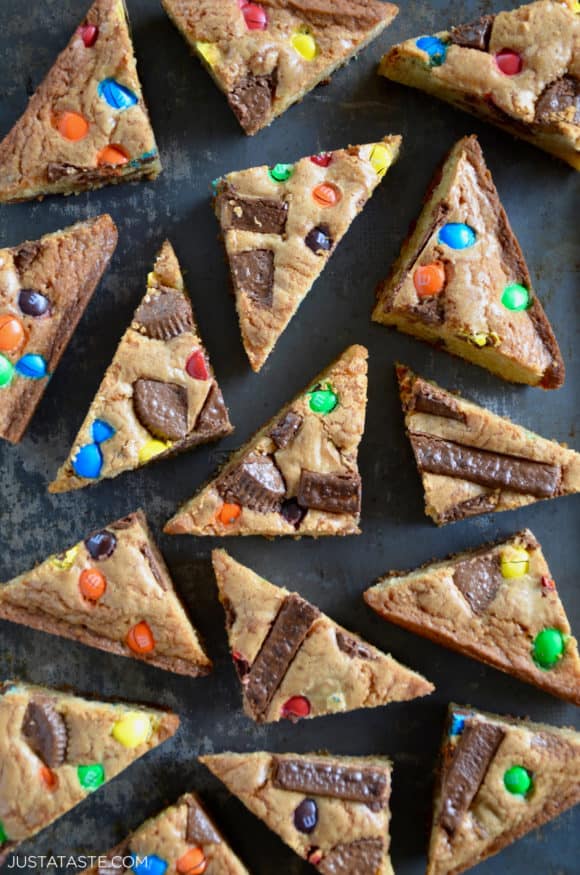 Leftover Halloween Candy Blondies cut into triangles