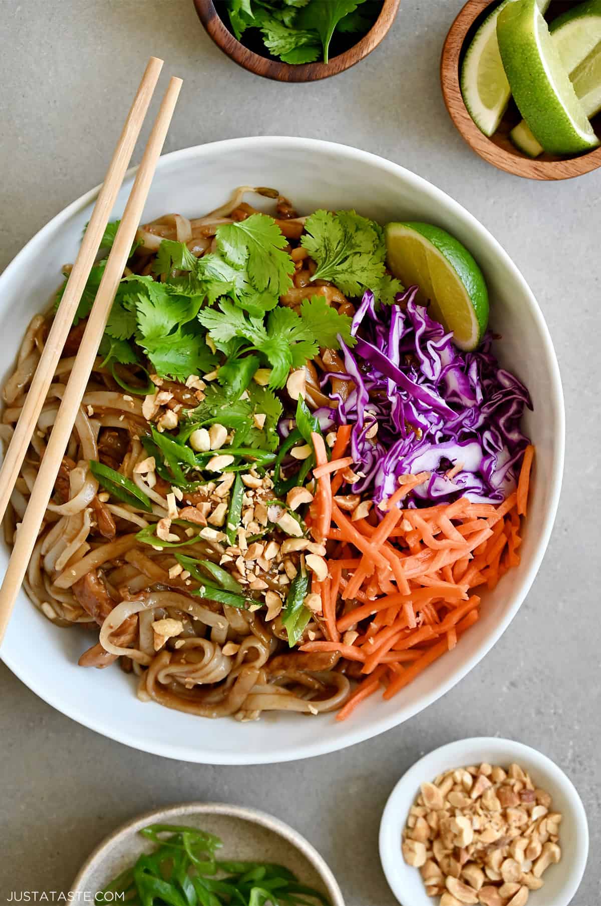 Chicken Pad Thai with chopped peanuts, sliced scallions, carrots and purple cabbage, garnished with a lime wedge and cilantro in a white bowl with chopsticks.