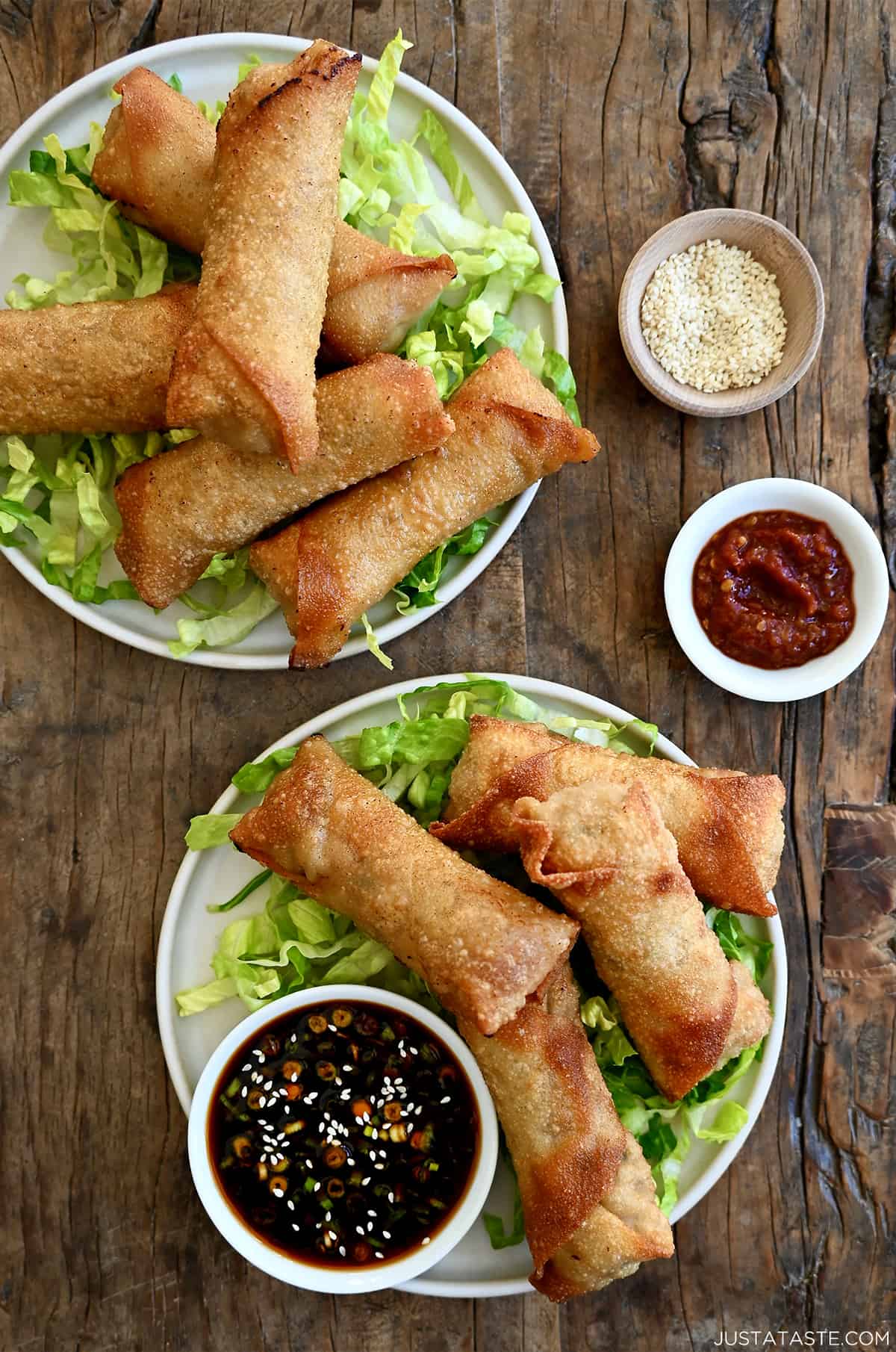 Two plates containing crispy pork egg rolls atop shredded lettuce and a small bowl filled with ginger soy dipping sauce.