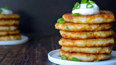Cheesy Leftover Mashed Potato Pancakes from justataste.com #recipe