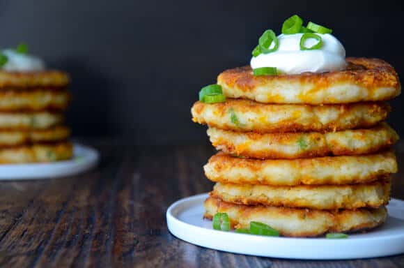 Cheesy Leftover Mashed Potato Pancakes from justataste.com #recipe