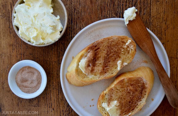 A view of homemade butter next to slices of cinnamon toast