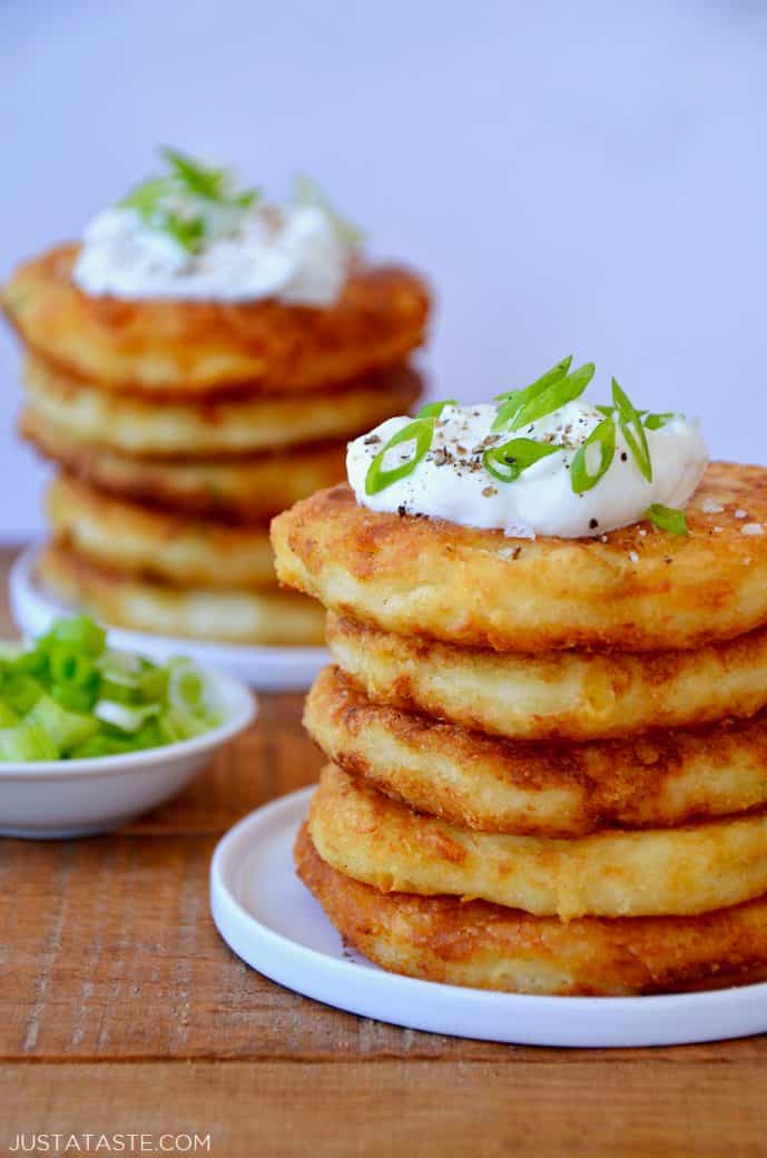 Cheesy Leftover Mashed Potato Pancakes - Just a Taste