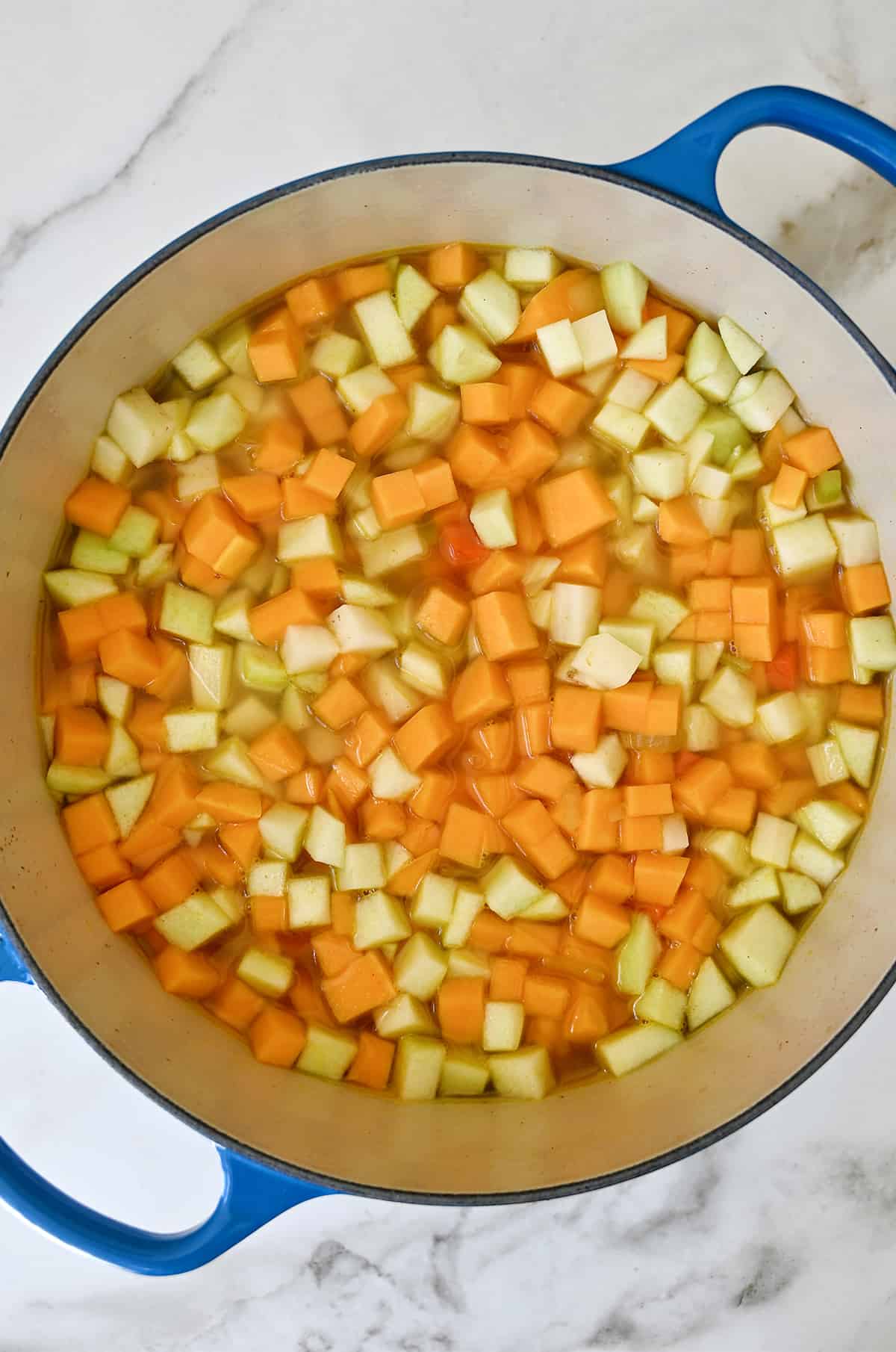 A large stockpot containing chopped butternut squash, onions, carrots, celery and apples in chicken stock.