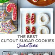 Top image: A top-down view of Easy Cutout Sugar Cookies on a wire cooling rack next to a plate of cookies. Bottom image: Cutout Christmas cookies on a wire cooling rack.