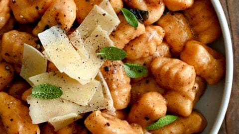 Homemade sweet potato gnocchi tossed in a brown butter sage and topped with crispy sage leaves and parmesan shavings.