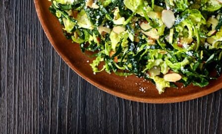 Kale and Brussels Sprouts Salad with Lemon Dressing from justataste.com #recipe