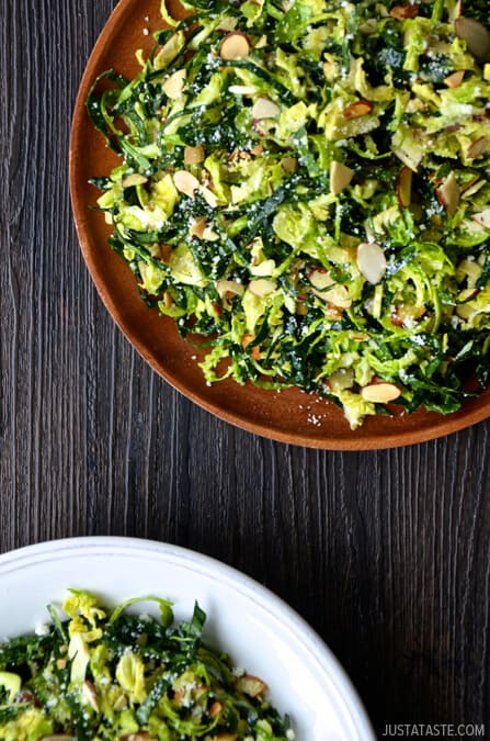 Kale and Brussels Sprouts Salad with Lemon Dressing from justataste.com #recipe