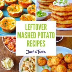 A collage of images, including mashed potato muffins, mashed potato pancakes, mashed potato balls and gnocchi.