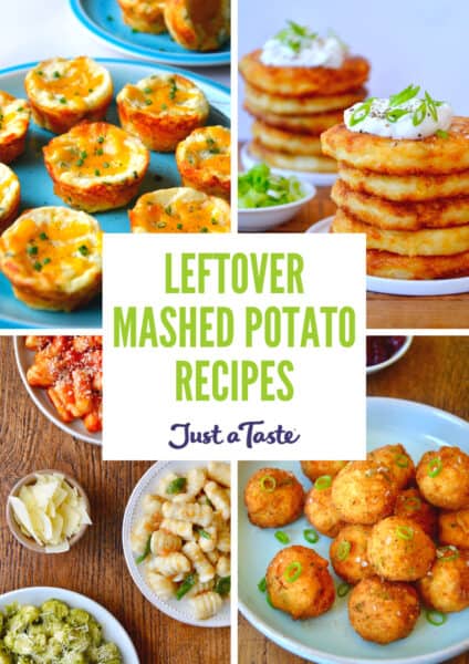 A collage of images, including mashed potato muffins, mashed potato pancakes, mashed potato balls and gnocchi.