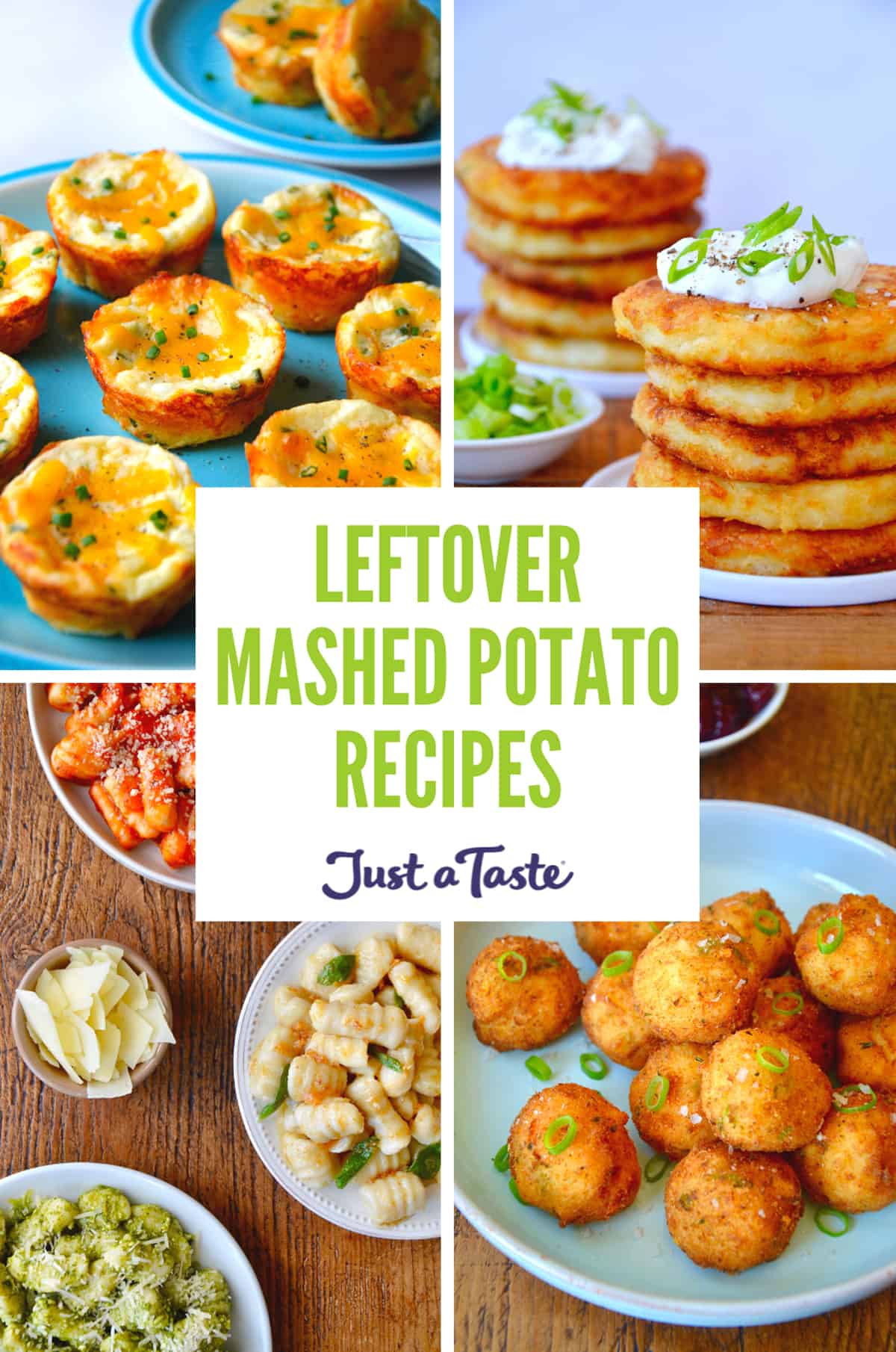 A collage of images, including mashed potato muffins, mashed potato pancakes, mashed potato balls and gnocchi.