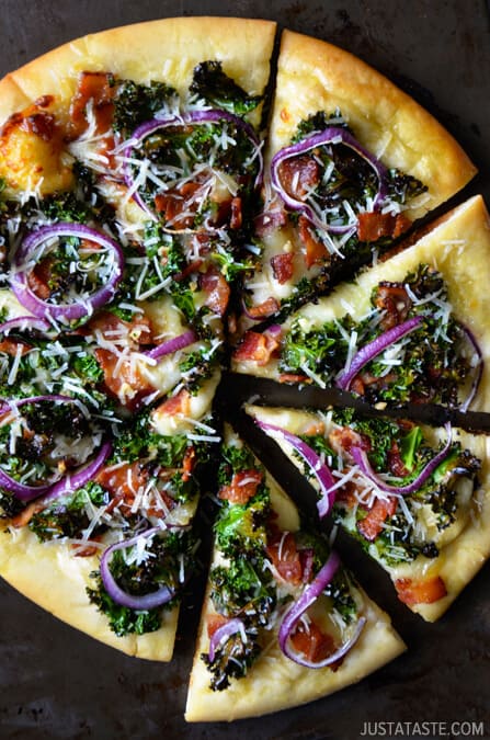 Garlicky Kale and Bacon Pizza from justataste.com #recipe