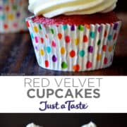 Top image: A close-up view of a red velvet cupcake topped with piped cream cheese frosting in a polka dot cupcake liner. Bottom image: Two rows of red velvet cupcakes topped with cream cheese frosting.