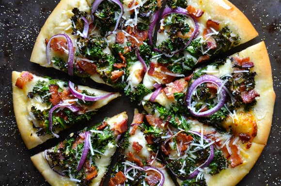 Garlicky Kale and Bacon Pizza from justataste.com #recipe