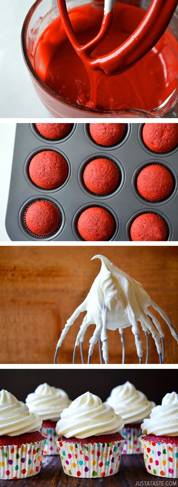 Red Velvet Cupcakes with Piped Cream Cheese Frosting from justataste.com #recipe