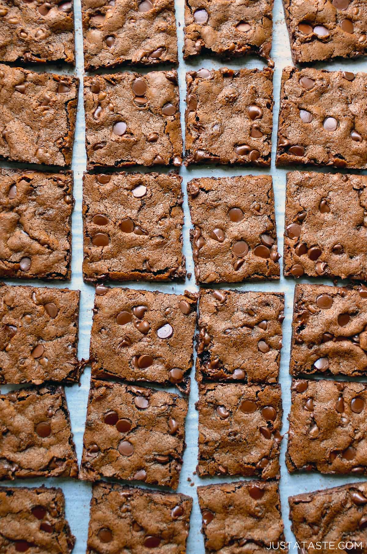 Four rows of brownie bark studded with chocolate chips.