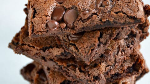 A stack of chocolate chip studded brownie bark.