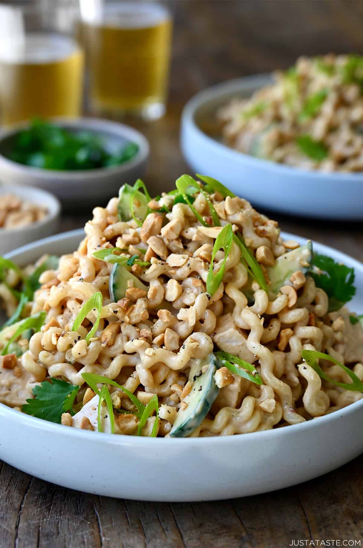 A white dinner bowl containing Thai Chicken Pasta Salad with sliced cucumbers and scallions, and shredded rotisserie chicken.