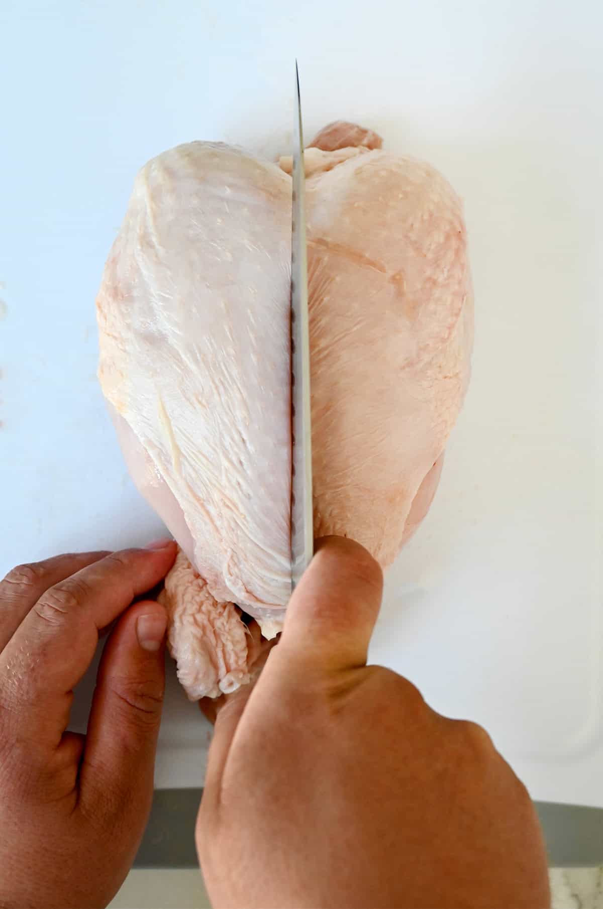 Cutting down the backbone of a chicken with a sharp knife.