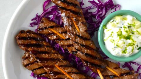A circular white plate with purple cabbage, beef skewers and yogurt dip