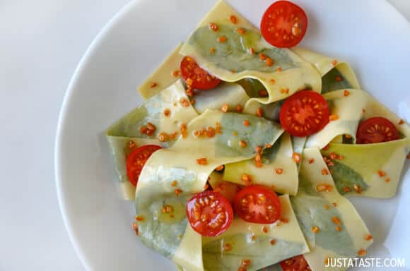 laminated basil pasta with garlic brown butter sauce, see more at http://homemaderecipes.com/cooking-101/11-unique-pasta-recipes/