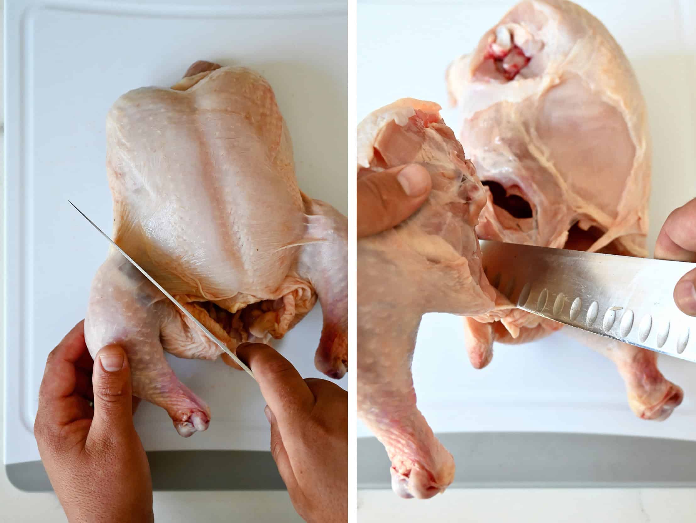 With the chicken breast side up, a hand gently pulls a leg away from the body, and begins to slice through the skin between the breast and drumstick. A hand holding a sharp chef's knife cuts through the joint and skin of a chicken leg to detach the leg from the body.